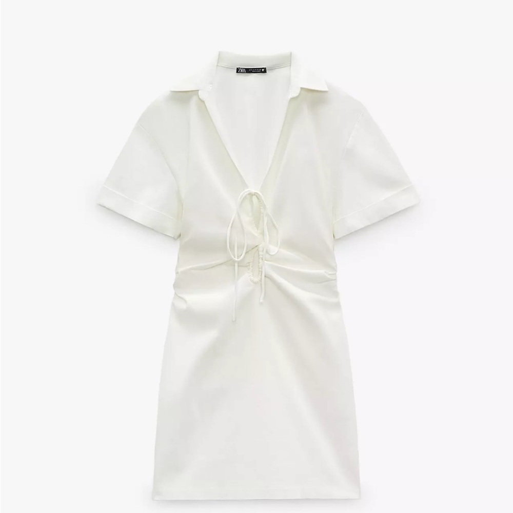 White Short Sleeve Dress with Tie Front